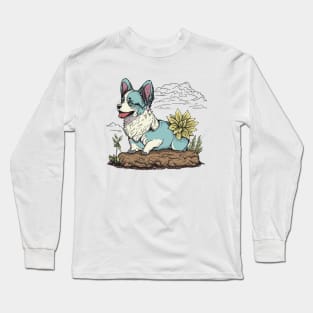 Inu Corgi Beautiful Puppy Dog in Summer and Flower Long Sleeve T-Shirt